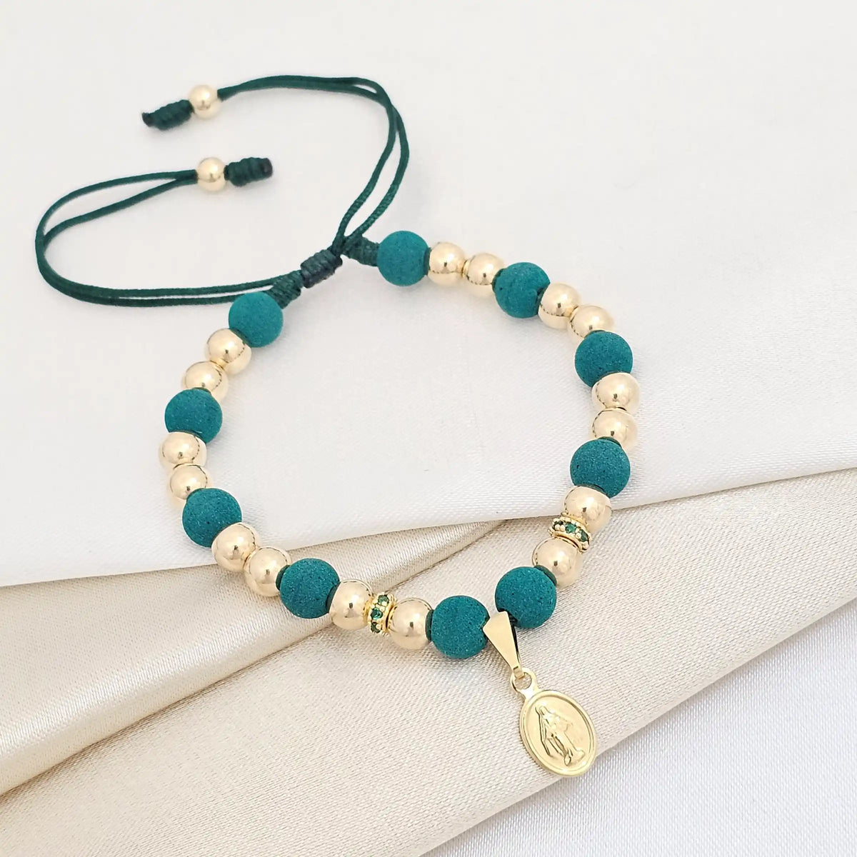 Pulsera Gold # 5 Virgen Milagrosa Y Circonias Verde