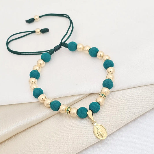 Pulsera Gold # 5 Virgen Milagrosa Y Circonias Verde