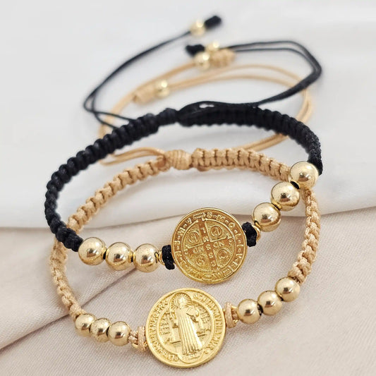 Pulsera Gold Duo H San Benito Negra Y Beige