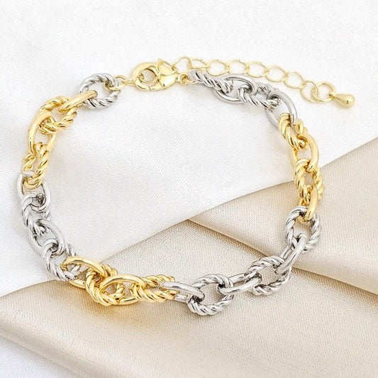 Pulsera Mini Aros Trenzados Dorado Y Plateado Rf K6819