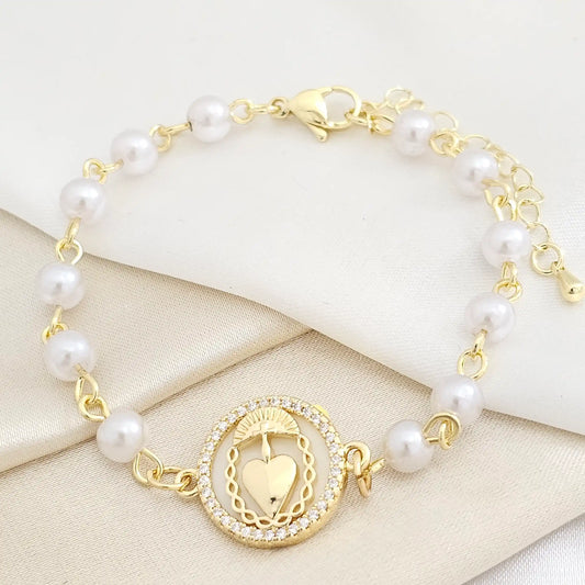 Pulsera Perlas N6 Dije Nacar Con Corazon Dorado Rf K7770