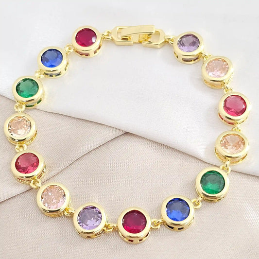 Pulsera Piedras Preciosas De Colores Circulares  Dorado Rf K8148