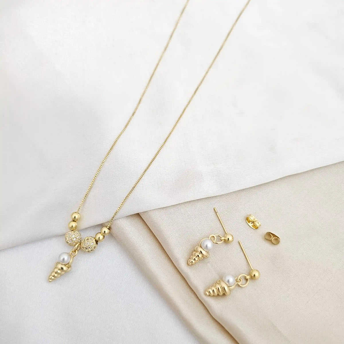 Set Cadena Y Topo Balin Caracol Con Perla Dorado Rf K5309